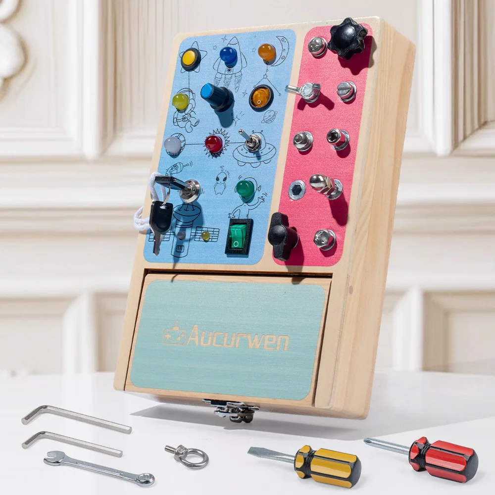 유아용 나무 감각 교육 완구 LED 및 드라이버 포함 바쁜 보드 몬테소리 완구 아기 집중력 향상 보드
