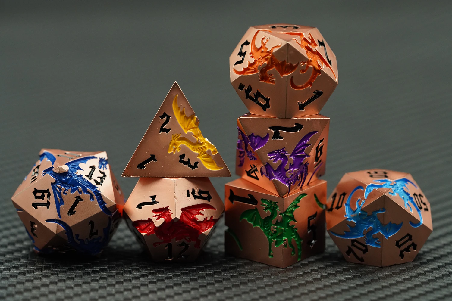 Rainbow Dragon Copper Color DND Polyhedral Dice Set 16mm Metal Zinc Alloy Custom Logo for Board Gaming manufacture