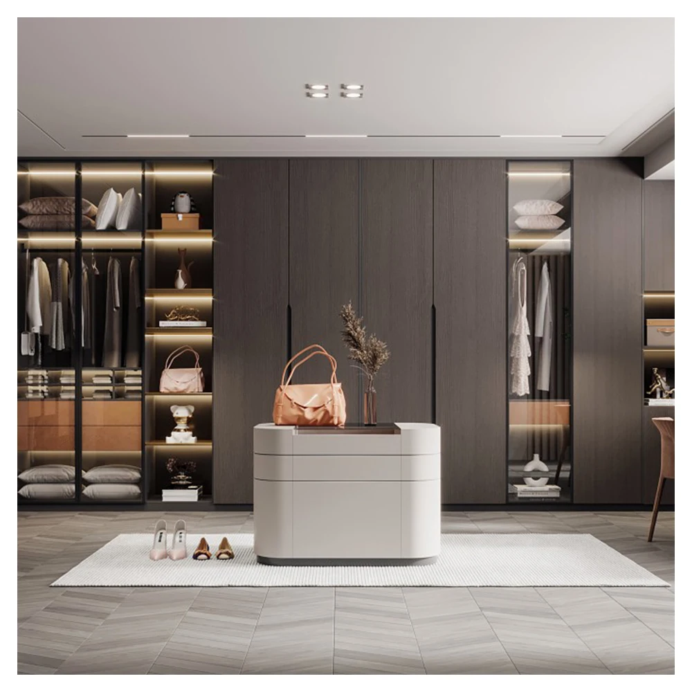 High Quality Home Furniture Luxury Walk In Wardrobe Custom Sizes Wood MDF/HDF Spacious Closets with Hanging Rails and Island