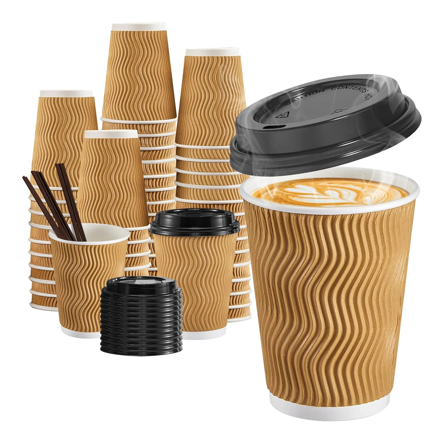 Custom logo Printing Cafe Takeaway 12oz 16oz Ripple Wall Hot Chocolate Paper Cup Packaging with Lid