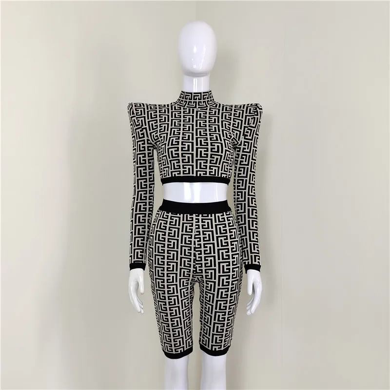 C2336 New Design Turtleneck Pattern Bodycon Two Piece Short Sets Women 2024 Women Wholesale Dress