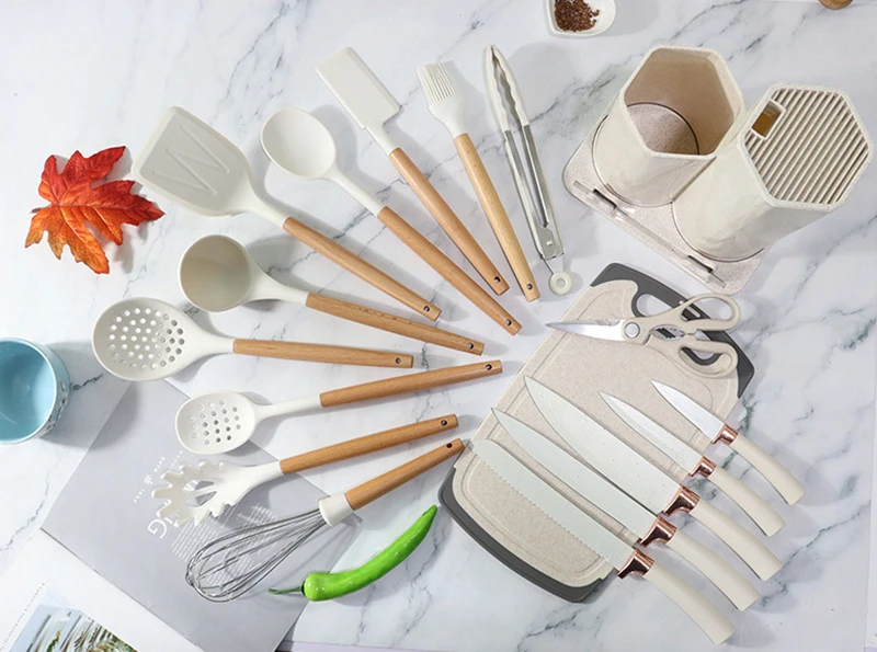 19 Wooden Handles Silicone Utensils Stainless Steel Knife Set Silicone