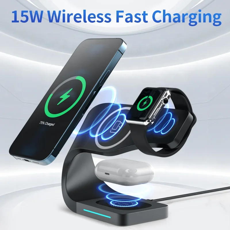Top Version Minimalism 15W Desktop Fast Wireless Charger 4 in 1 Multifunctional Wireless Charging Station Phone Stand Chargers