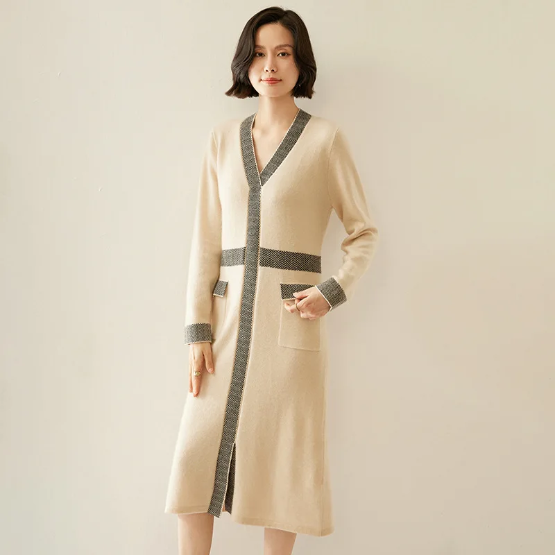 Women's Elegant V-neck Cashmere Dress Fashion Style Color Contrast Office Dress Casual Loose Long Cashmerte Wool Dress