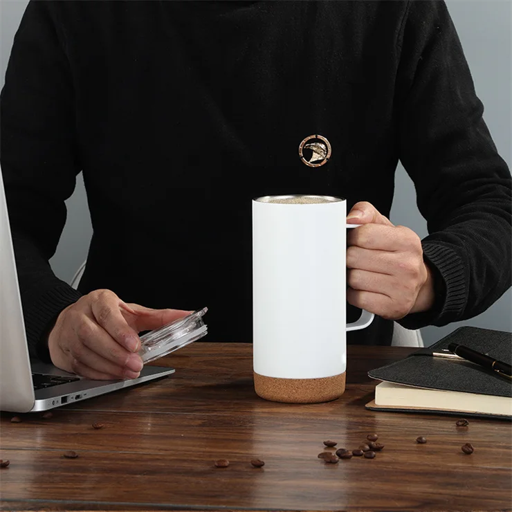 16 OZ Coffee Mugs Set with Removable Insulated Cork Bottom Spillproof Lids  Stainless Steel Thermo with Handle