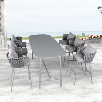 Modern 6 Seater Outdoor Bar Height Patio Furniture Aluminum Dining Bar Table Rope Bar Stool Set
