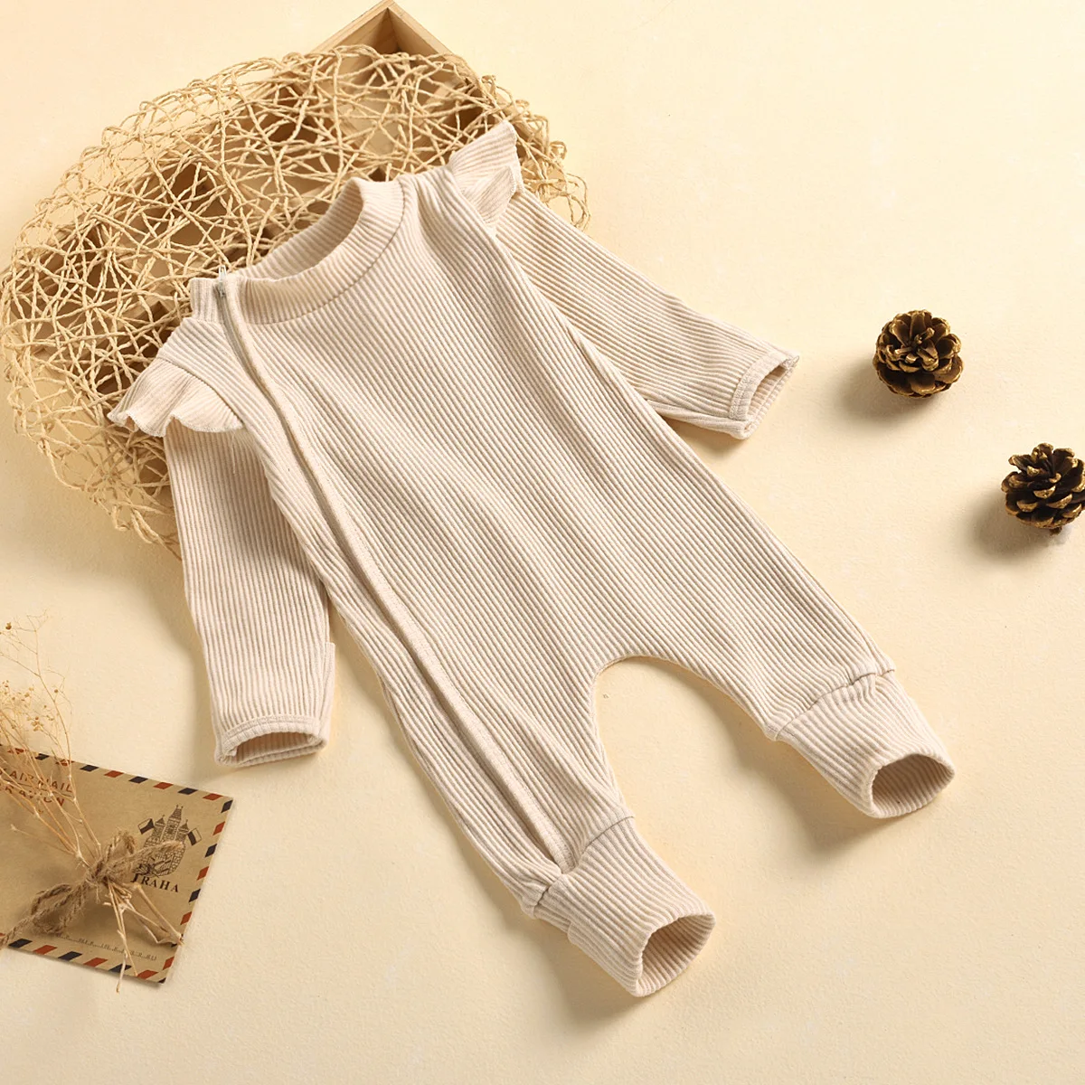 Baby Girl Rompers Newborn Ribbed Long sleeve Jumpsuit with Zipper Solid Color Bodysuit for 0-18m