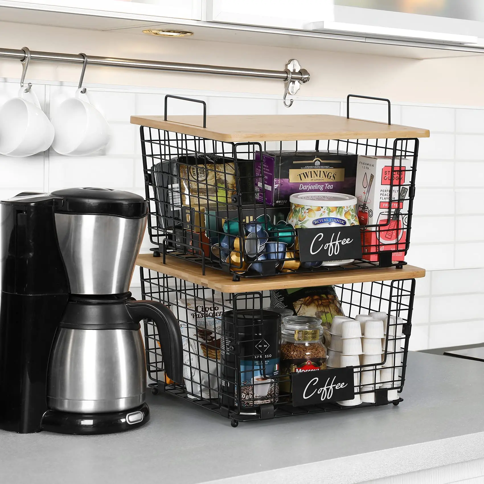 Kitchen Countertop Organizer Foldable Wire Fruit Basket Stackable Folding Storage Baskets With Wood Lid