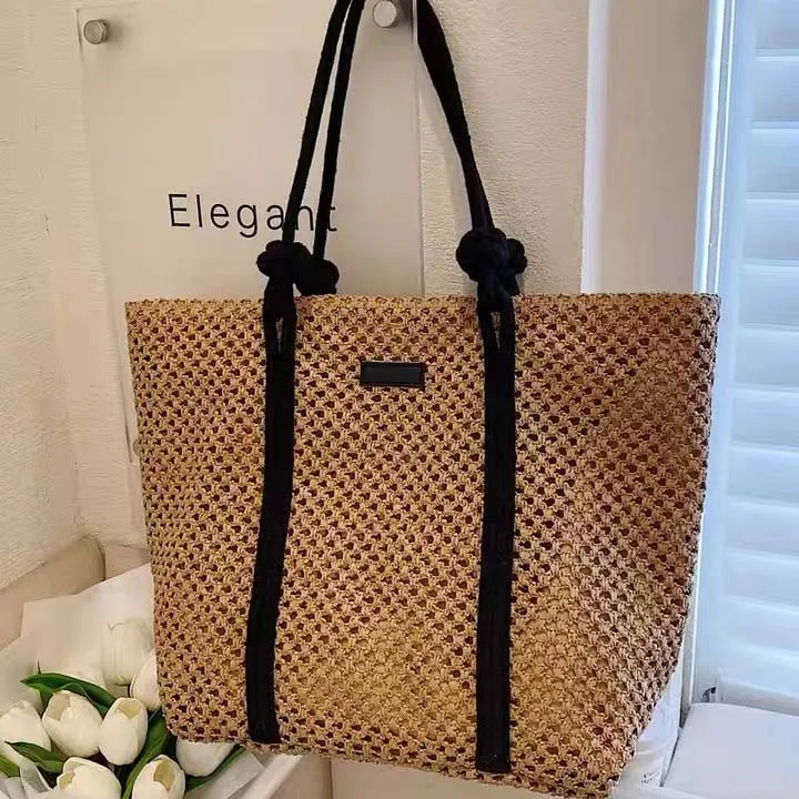 Natural Paper Straw Crochet Handmade Tote Bag Fashion Lady Beach Bag With Rope Handle