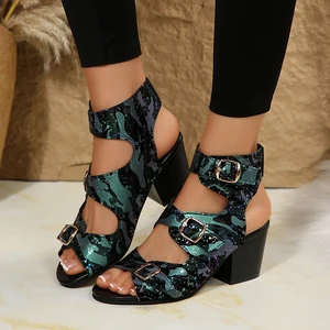 New Design Large Size Sexy Women's Shoes Thick Heel Buckle Hollowed Women's High-heeled Sandals Sandals Lady Heels Women Sandals