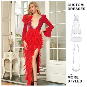 Custom Wholesale Products Rhinestone Sequin Luxury Women's Evening Red Feather High Slit Dress Ladies Party Dresses Elegant