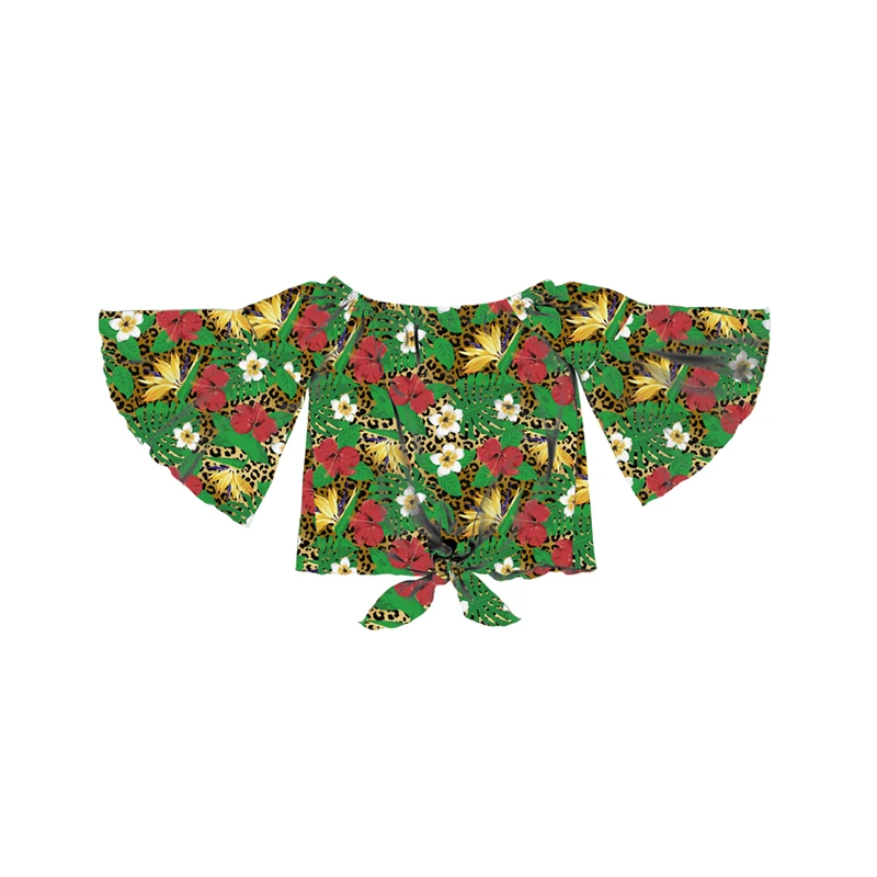 Детские футболки с рукавами-колокольчиками, однотонные футболки с открытыми плечами для маленьких девочек, топы для маленьких девочек с узелком и оборками