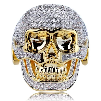 Fashion Two Tone Gold Plated Micro Pave CZ Punk Style Hip Hop Men Jewelry Skull Head Ring