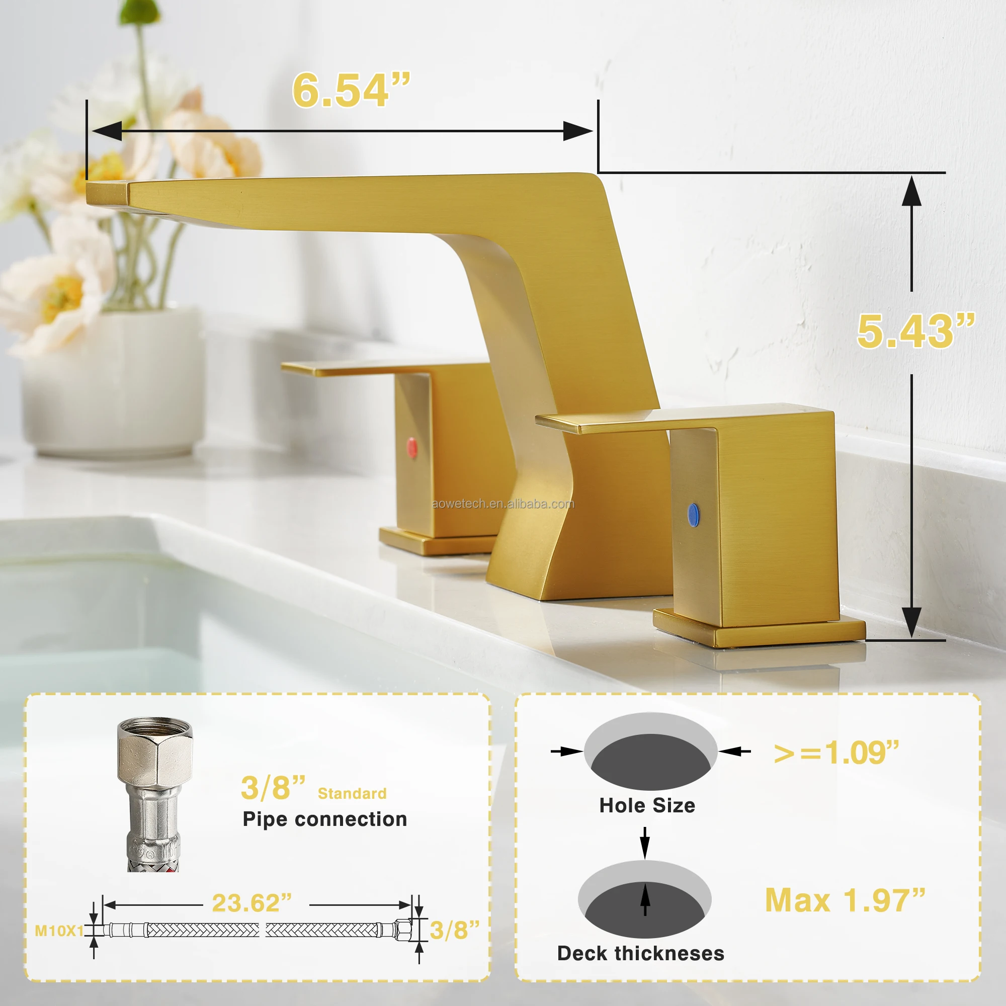 Modern Brushed Gold 3 Hole Widespread Bathroom Faucet Dual Square Handle Solid Brass Basin Mixer Tap Luxury Deck Mount Faucet