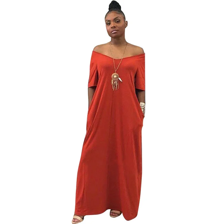 Free Sample Drop Shipping Sexy Fashion Solid Color V Neck Woman Solid Casual Loose Long Maxi Dress