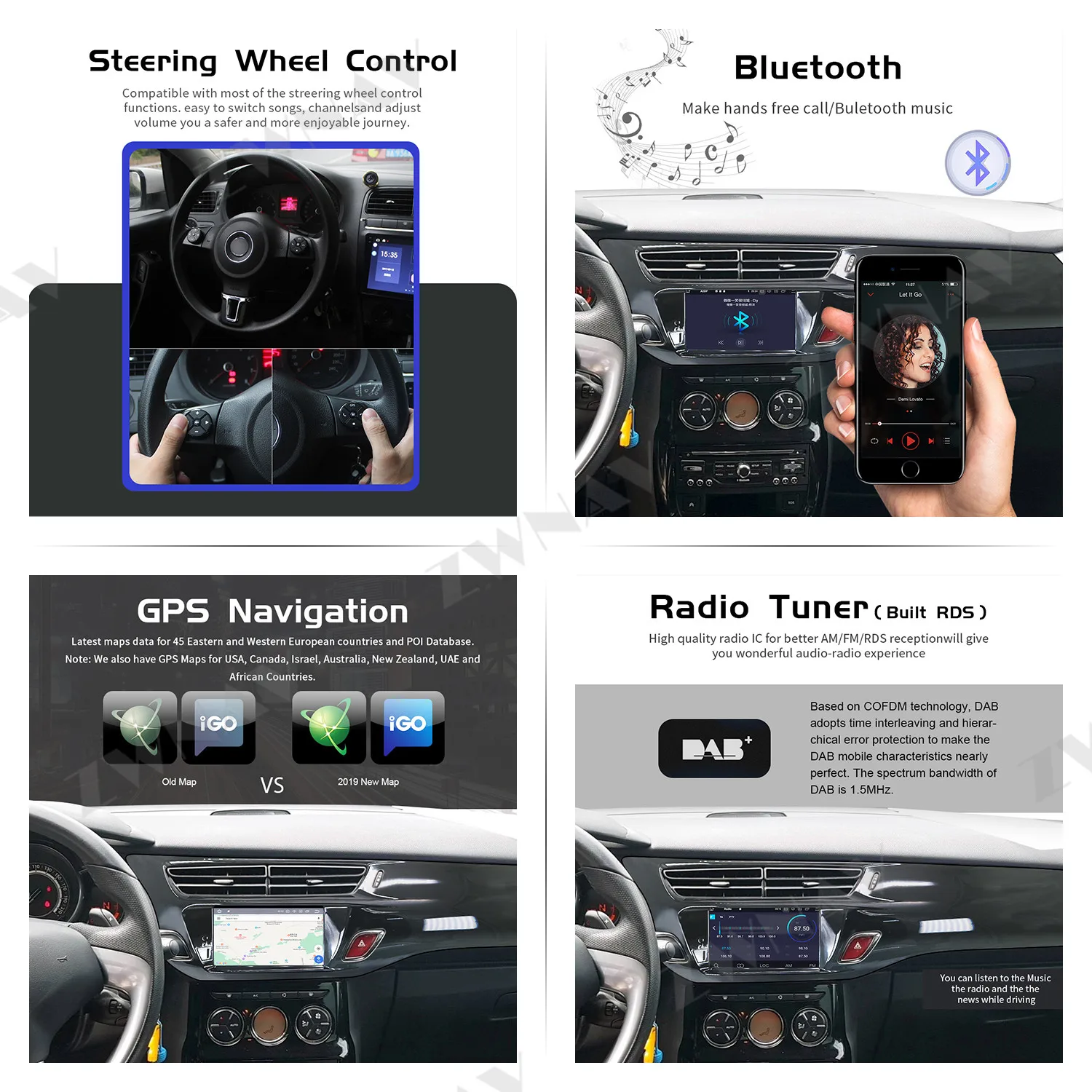 ZWNAV 4+64G Android 9.0 Car Multimedia DVD Player for Citroen C3 DS3 2010-2016 Car GPS Audio Radio Stereo Head Black Unit