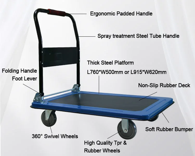 High load blue heavy duty folding steel platform trolley 200kg factory