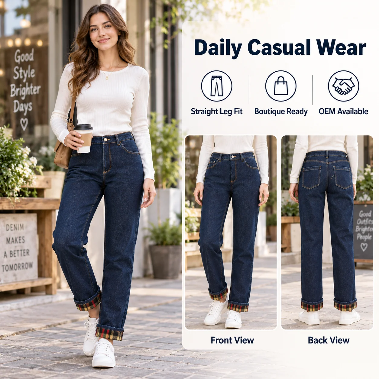 Trend Premium-feel Washed Jeans Denim Mid-rise Medium Trousers Patchwork Red Plaid Detailing Women's Casual Hip Pants