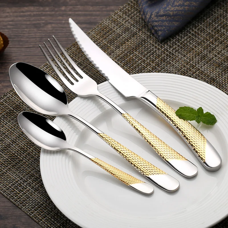 Modern Embossed Handle Knife Fork Spoon Silverware Luxury Flatware Stainless Steel Gold and Silver Cutlery Set for Restaurant