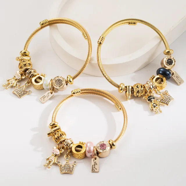 Hot sale gold plated stainless steel bear charm bracelet large hole beads crown pendant crystal DIY bangle bracelet for women