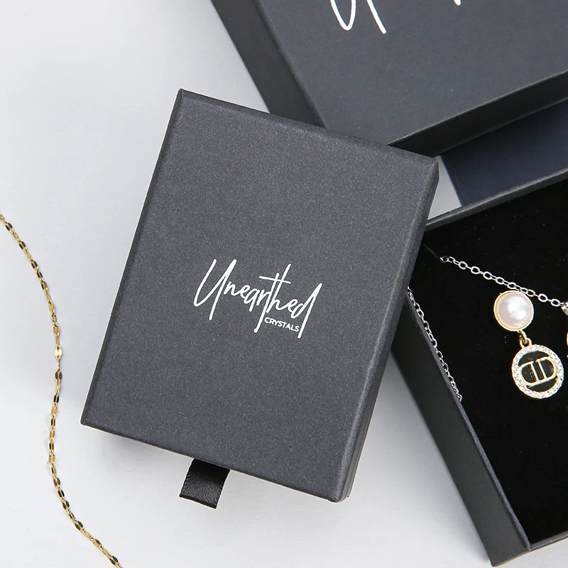 A1 Black Rectangle Customizable Recyclable Cardboard Embossed Popular Jewelry Storage Box Sliding Drawer Rings Pendants Earrings details
