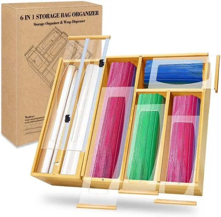 6 in 1 Bamboo Ziploc Bag Storage Organizer and Wrap Dispenser.