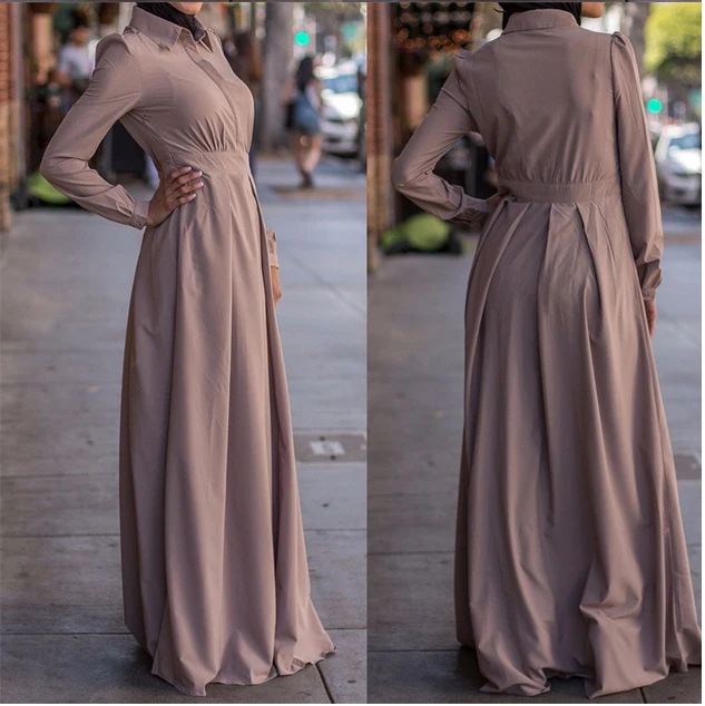 Latest Design Unlined Muslim Women Shirt Dress Buttons Front Fastening