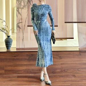 ZYHT 21894 Elegant Blue Jersey Midi Dress with Long Sleeves Dresses Shoulder Flower Bodycon Dress Women's Elegant Dress