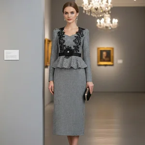 ZYHT 21950 Women's Elegant Black & White Houndstooth Dress Long Sleeve Ladies Dress with Lace Embroidery Midi Sheath Dress