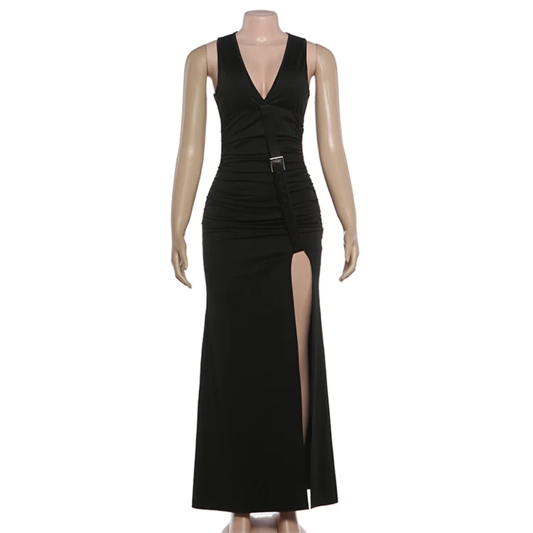 Metal Buckle Belt Dress Women V-Neck Summer Wild Hot Chick