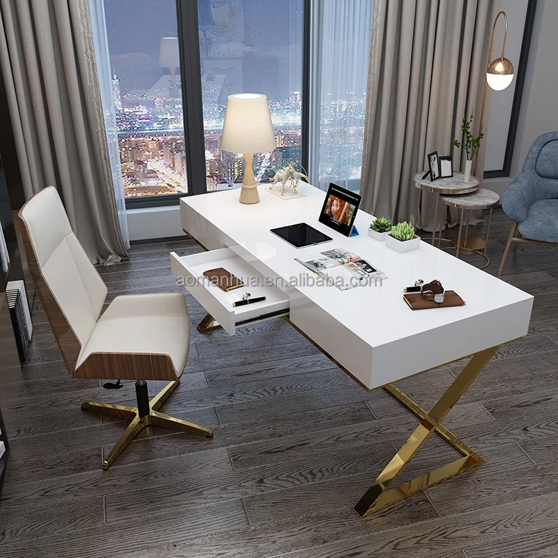 Nordic Glossy Reading Table Bedroom Computer Desk Stainless Steel Legs Home Furniture