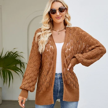 2023 New Style Autumn Wholesale Fashion Hollow Out Ladies Women Lantern Long Sleeve V Neck Open Front Cardigan Sweater