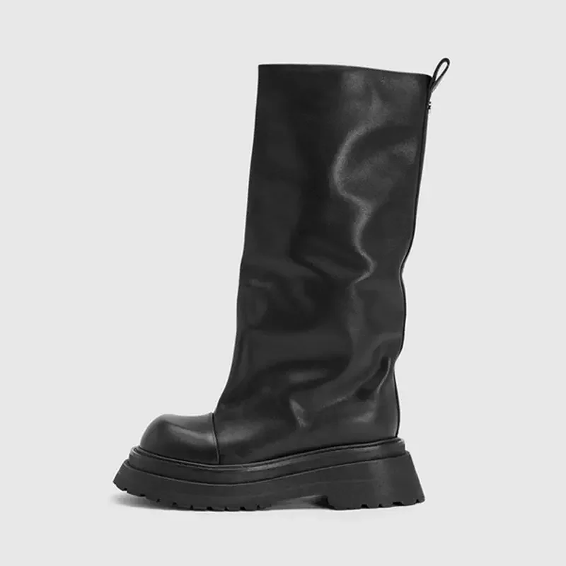 2024 High Platform Long Boots Fashion Black Leather Wide Calf 6cm Thick Sole Women Loose Chunky Knee High Boot - Image 1
