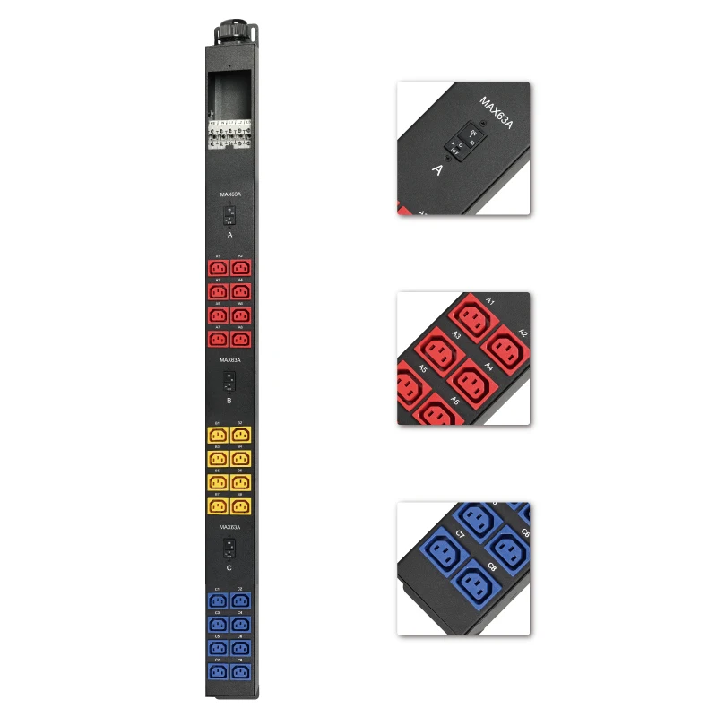 3 Phase Power Distributor Unit 120V 220V IEC C13 C19 Outlets Rack Mount Vertical Switch Power Data Center PDU