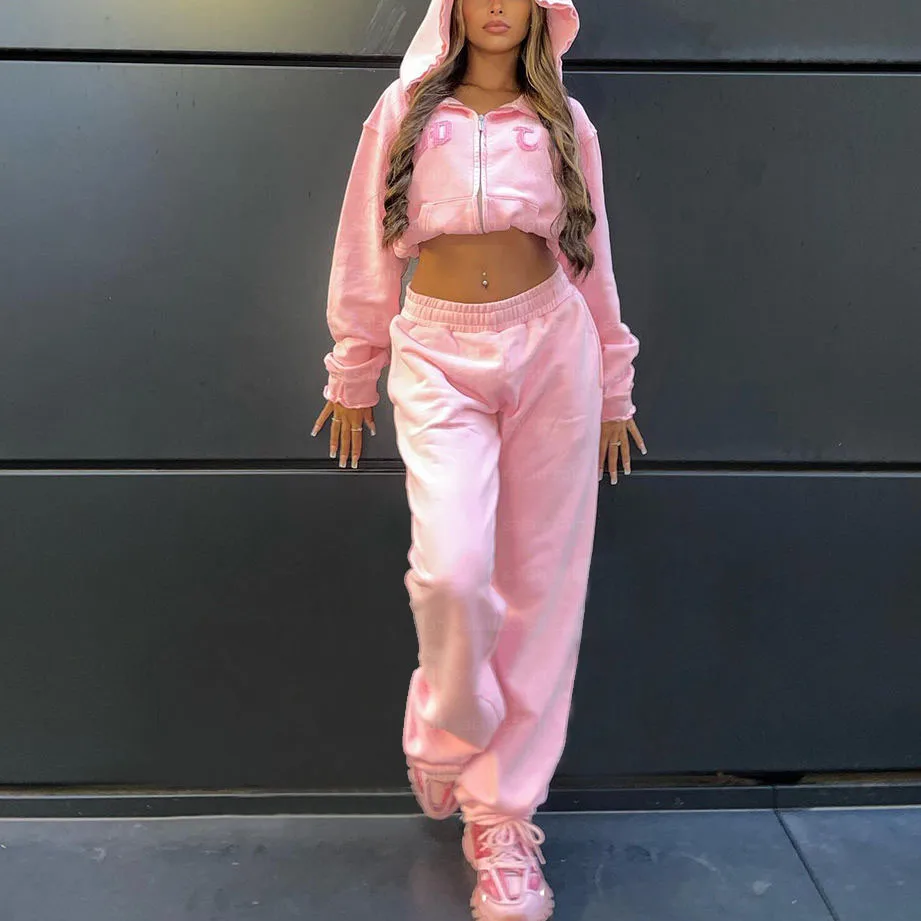 Custom Cropped Zip up Hoodie and Jogger Sets Embroidery Cotton French Terry Distressed Tracksuits Stacked Pants Sweatsuits Women gallery 5