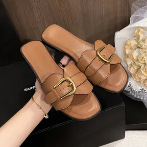 High-end Flat for Women's Outer Wear Cloth Upper  Summer New Cyber-famous Retro Metal Buckle Casual Holiday Sandals