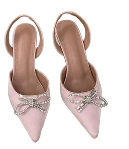 Pointed Bow Rhinestone Satin High-heeled Sandals Women's Thin Heel Back Trip with pink Single Shoes