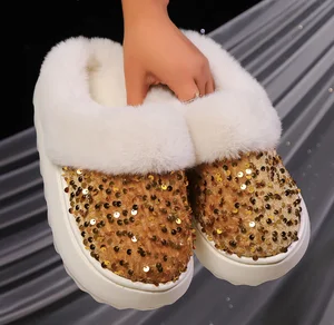 Custom Logo Women's Plus Size Warm Fluffy Slippers House Plush Gold Glitter Shiny Slippers Fashion Faux Fur Sequins Slippers