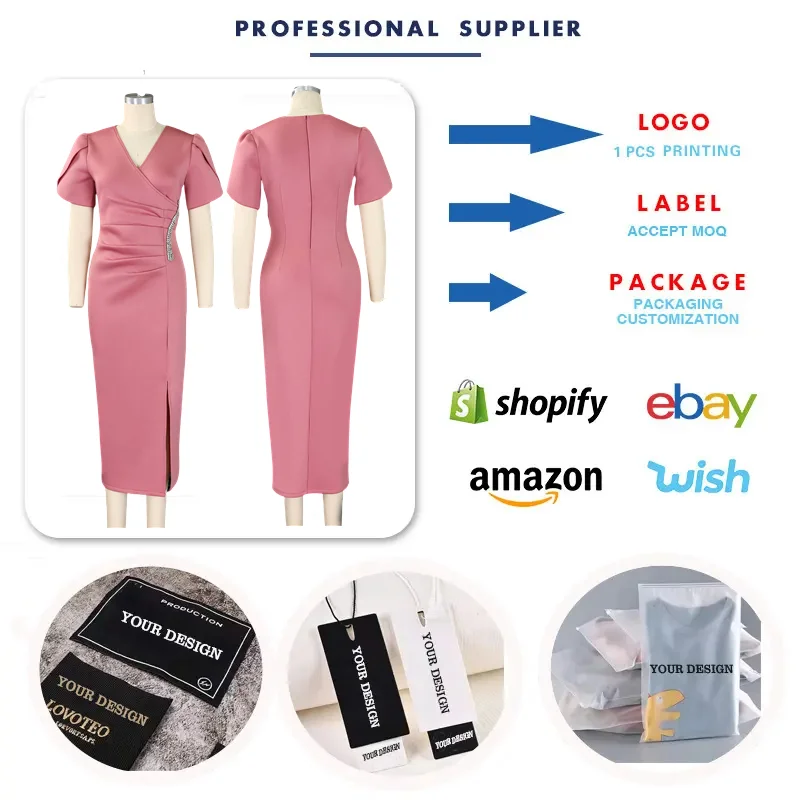 D579 Latest Design Elegant Women Casual Dresses V-neck Short Sleeve Beaded  Long Party Dress African Dresses for Women Clothing