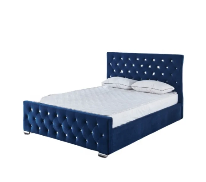 ネイビー ダブルベッド ヘッドボード付き 2021年人気の高級ネイビーブルーのベルベット生地のベッド