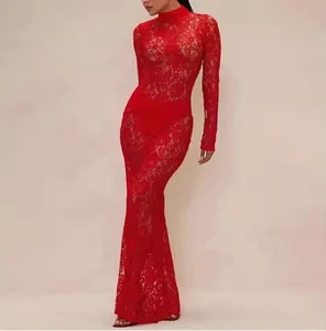 Long Sleeve Maxi Dress Stand Collar Fashionable Sexy Lace Patchwork Solid Pattern Eco-Friendly Midi Length Natural Button