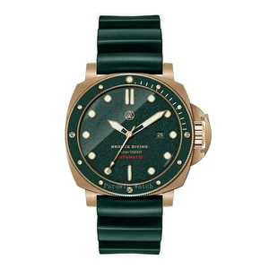 Custom Made Design Bronze Diving Watch with Aluminum Insert Sandblasted Dial Automatic Movement Leather Strap for Men
