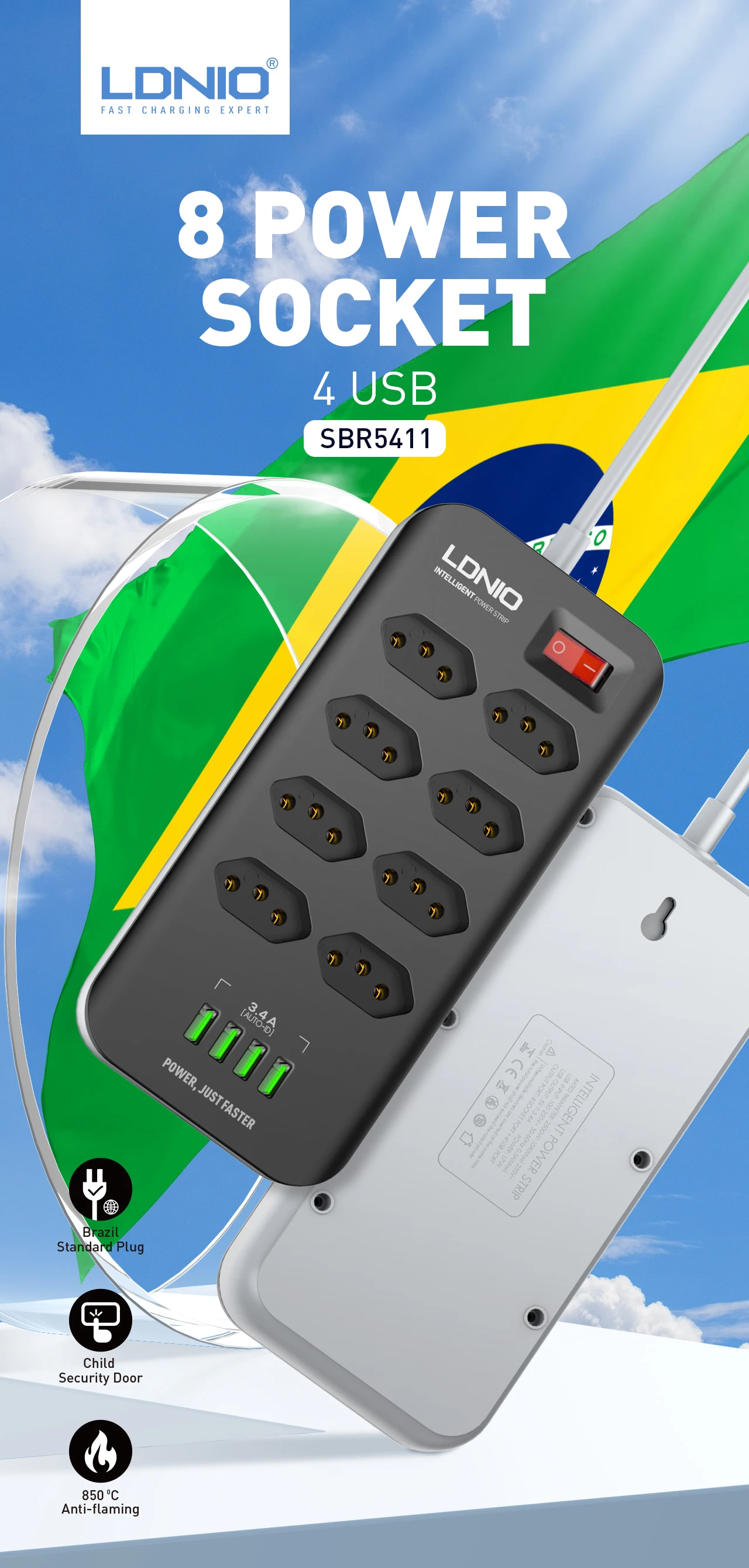 Ldnio Sbr8412 Extension Socket For Brazil Standard Electrical Power