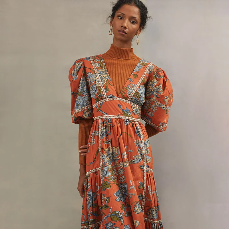 Summer Boho Flower Empire Waist Long Women Cotton Beach Floral Vintage  Luxury Fashion Clothes Casual Midi Dress for Lady