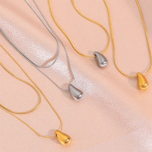 Waterproof IP PVD Hollow-out Water-Drop Pendant Necklace 18K Gold Plated Round Snake Chain Titanium Steel Necklace