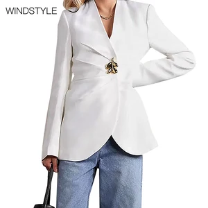 Women's White Blazer Jacket with V-Neck and Metal Buckle Waist Design Single Button Closure and Solid Pattern Woven Fabric