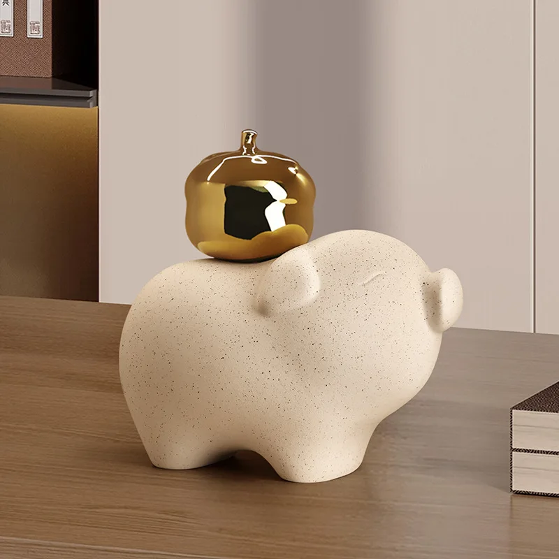 Pig Figurine with Golden Apple Matte Speckled Finish Modern Minimalist Home Decor Living Room Bedroom Shelf Accent