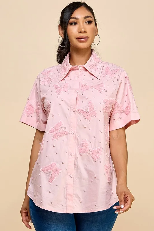 Oversized Cotton Blouse For Women Solid Pattern With Pearls Embroidery Bow Butterfly Details Button Down Closure Long Length - Image 3