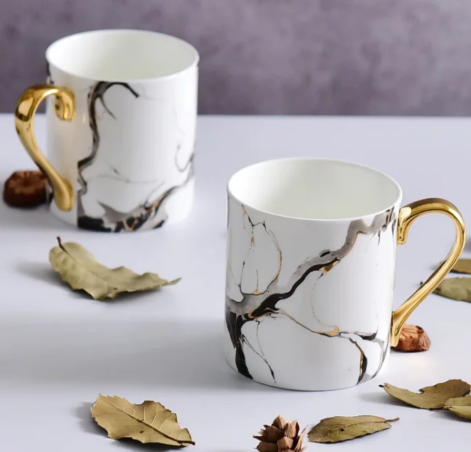 Nordic Design Luxurious Gold-plated Handle Mug Marble Design Ceramic Coffee Mug