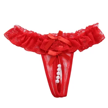 Wsc3043 Nylon Pearl Beading Red Thong Hollow Out Crotchless Panties